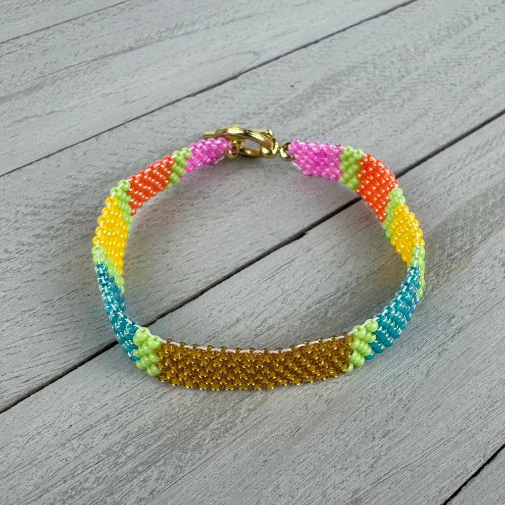 Handmade Rainbow Beaded Bracelet - Multicolor Seed Beads with Gold Clasp